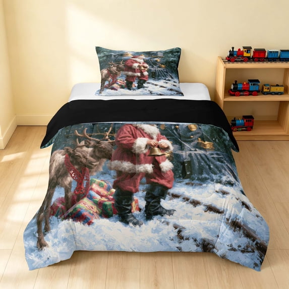 Erosebridal Christmas Train Twin Comforter Sets, Santa Bedding Set, Christmas Santa, Black Reversible 2 Pieces 1 Comforter and 1 Pillowcase