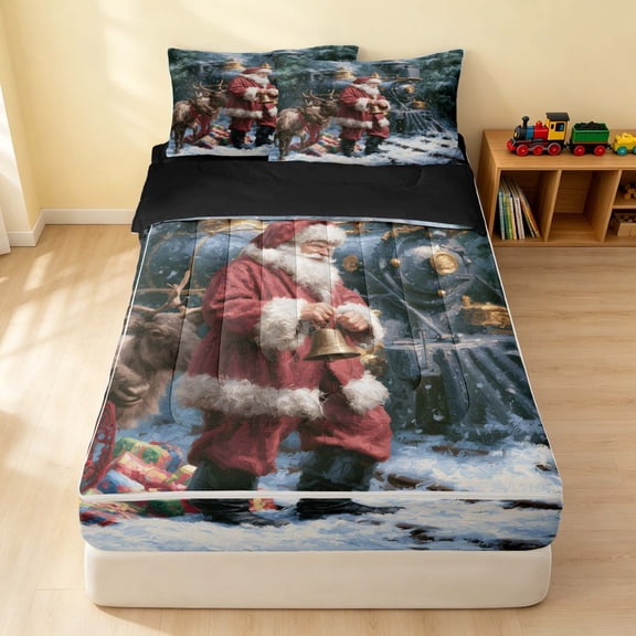 Erosebridal Christmas Train Zipper Twin Comforter Sets with Fitted Sheet and 2 Pillowcases, Santa Zipper Bedding Set, Christmas Santa, Black Reversible