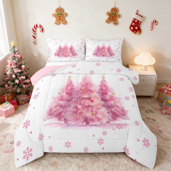 Manfei Christmas Tree Comforter Set Queen, Pink, 3 Piece