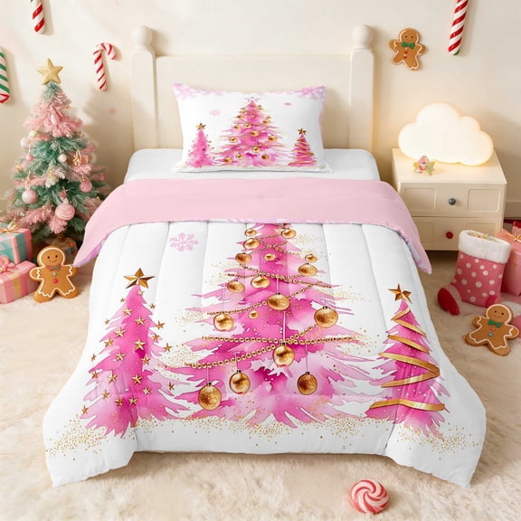 Manfei Christmas Tree Comforter Set Twin, Pink, 2 Piece