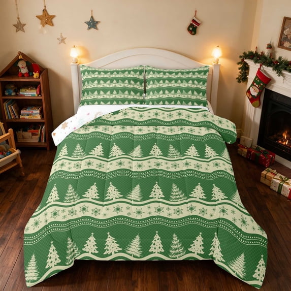 Manfei Christmas Tree Full Size Comforter Sets Green Bedding Comforter Set, Coral White 3 Pieces 1 Comforter and 2 Pillowcases, Xmas Reversible