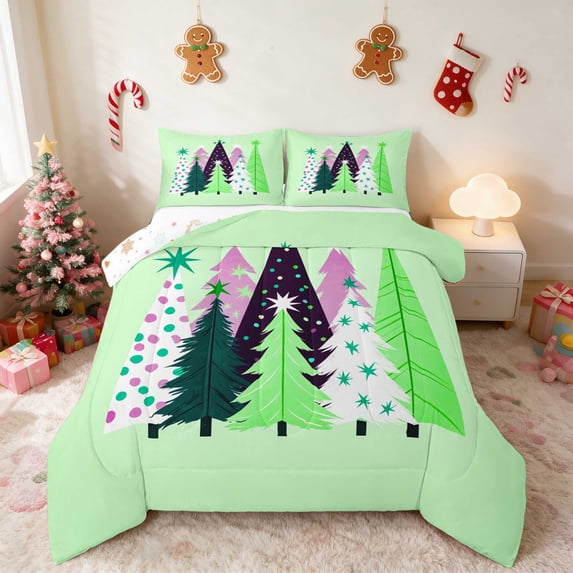 Manfei Christmas Tree King Size Comforter Sets Green Comforters King Size, Teal Pink 3pcs 1 Comforter and 2 Pillowcases, Xmas Reversible
