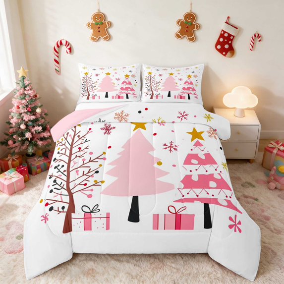 Manfei Christmas Tree King Size Comforter Sets Holiday Comforters King Size, Slate Red 3 Pieces 1 Comforter and 2 Pillowcases, Pink Reversible