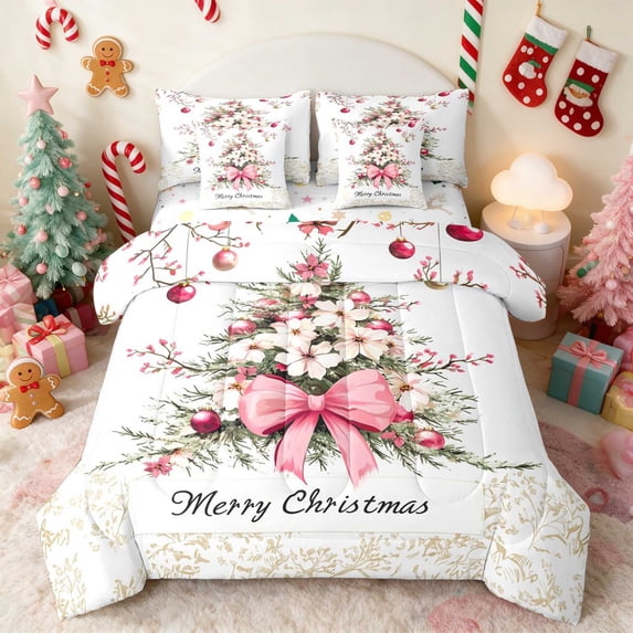Manfei Christmas Tree Queen Bedding 7 Pieces Holiday Bedding Comforter Set Queen, Brown Cream, Xmas Reversible