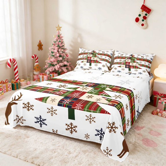 Manfei Christmas Tree Queen Sheet Sets 4pcs (1 Flat Sheet, 1 Fitted Sheet and 2 Pillowcases)