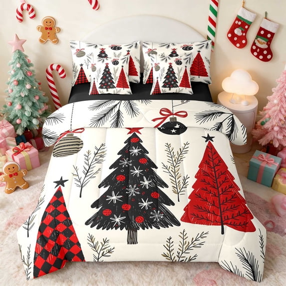 Manfei Christmas Tree Twin Bedding 7pcs Green Bedding Comforter Set, Slate Red, Black Reversible