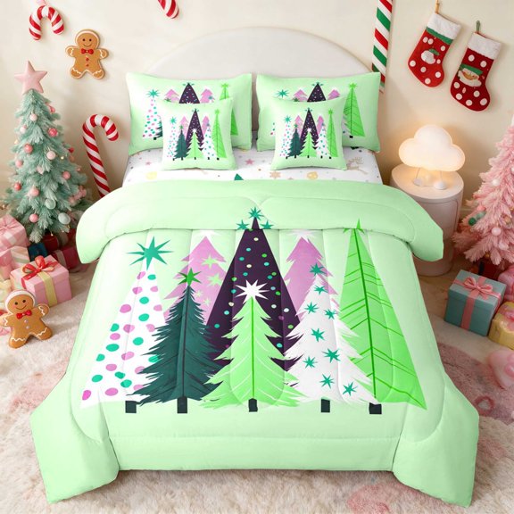 Manfei Christmas Tree Twin Bedding 7pcs Green Bedding Comforter Set, Teal Pink, Xmas Reversible