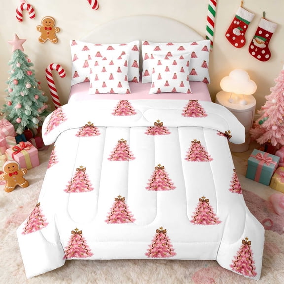 Manfei Christmas Tree Twin Bedding 7pcs Holiday Bedding Comforter Set, Black Green, Pink Reversible