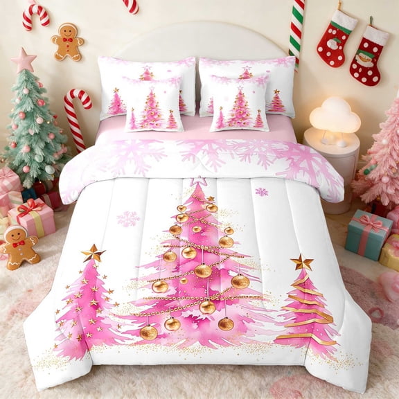 Manfei Christmas Tree Twin Bedding 7pcs Holiday Bedding Comforter Set, Cream Red, Pink Reversible