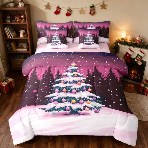 Manfei Christmas Tree Twin Bedding 7pcs Holiday Bedding Comforter Set, Magenta Black, Pink Reversible