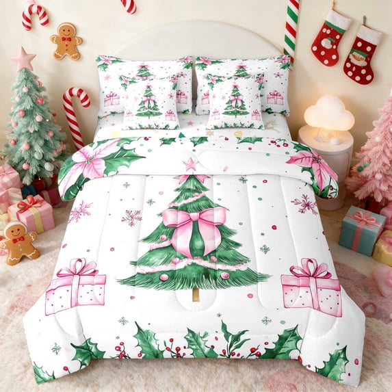 Manfei Christmas Tree Twin Bedding 7pcs Holiday Bedding Comforter Set, Peach Pink, Xmas Reversible