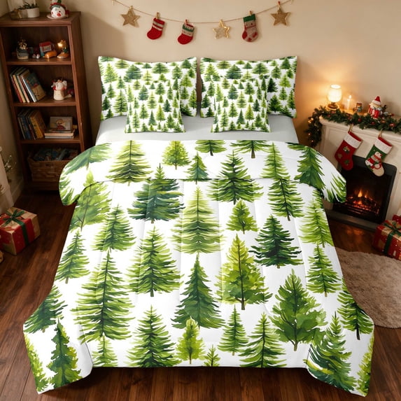 Manfei Christmas Tree Twin Bedding 7pcs Pine Bedding Comforter Set, Navy Silver, Gray Reversible