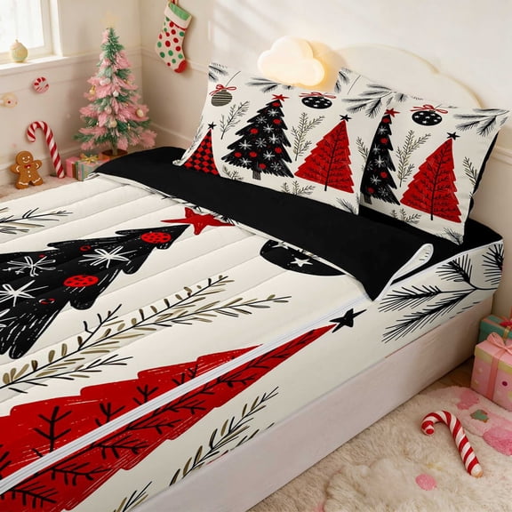 Manfei Christmas Tree Twin Comforter Set with Fitted Sheet and 2 Pillowcases, Slate Red