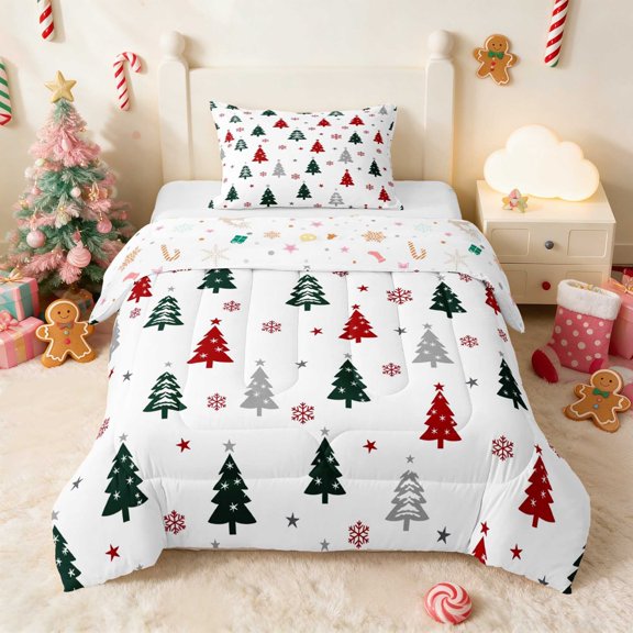 Manfei Christmas Tree Twin Comforter Sets Green Bedding Set, Pink Red 2 Pieces 1 Comforter and 1 Pillowcase, Xmas Reversible