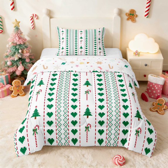 Manfei Christmas Tree Twin Comforter Sets Green Bedding Set, Teal Pink 2pcs 1 Comforter and 1 Pillowcase, Xmas Reversible