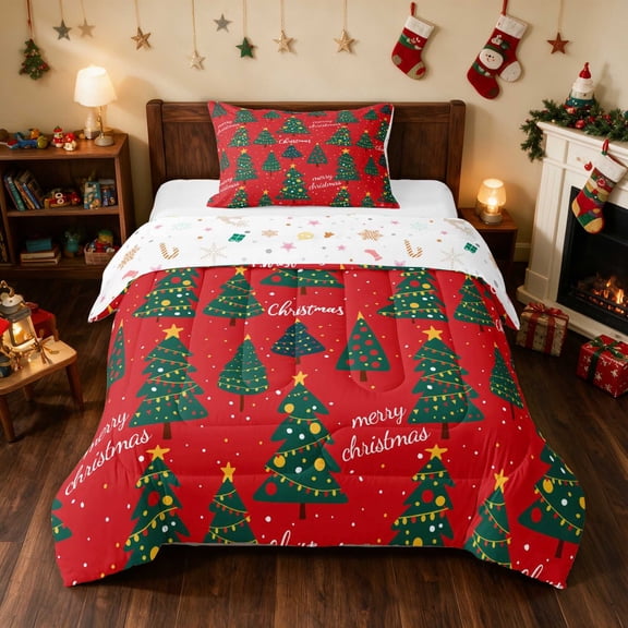 Manfei Christmas Tree Twin Comforter Sets Green Bedding Set, Yellow Red 2-Pieces 1 Comforter and 1 Pillowcase, Xmas Reversible