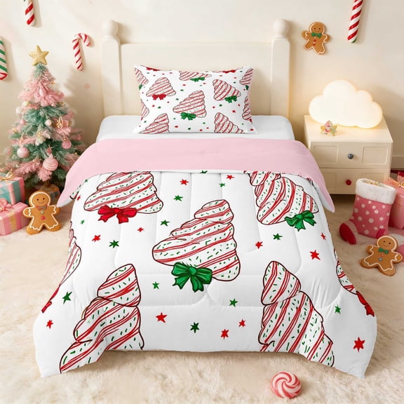 Manfei Christmas Tree Twin Comforter Sets Holiday Bedding Set, Pink White 2 Pieces 1 Comforter and 1 Pillowcase, Pink Reversible