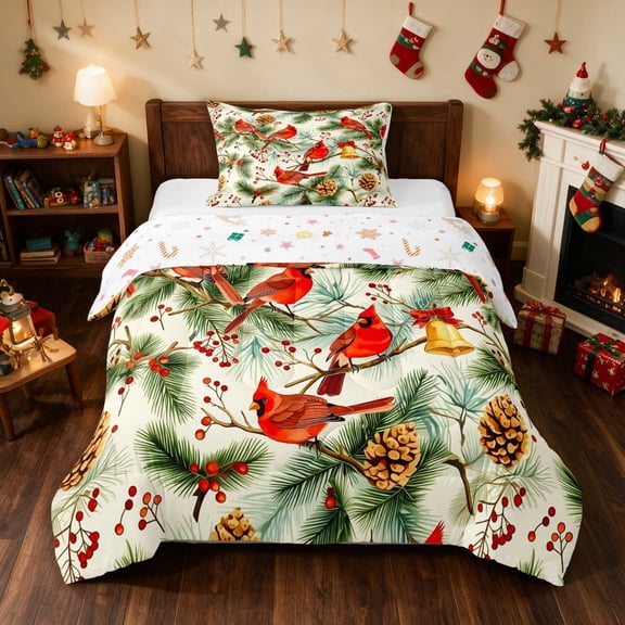 Manfei Christmas Tree Twin Comforter Sets Holiday Bedding Set, Red Green 2 Pieces 1 Comforter and 1 Pillowcase, Xmas Reversible