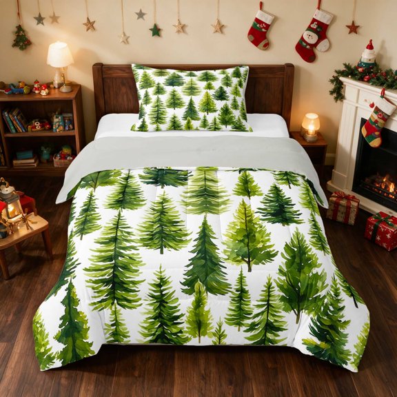 Manfei Christmas Tree Twin Comforter Sets Pine Bedding Set, Navy Silver 2pcs 1 Comforter and 1 Pillowcase, Gray Reversible