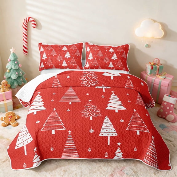 Manfei Christmas Tree Twin Quilt Set Green Twin Coverlet Set, Slate Red 2 Pieces 1 Bedspread and 1 Pillowcase