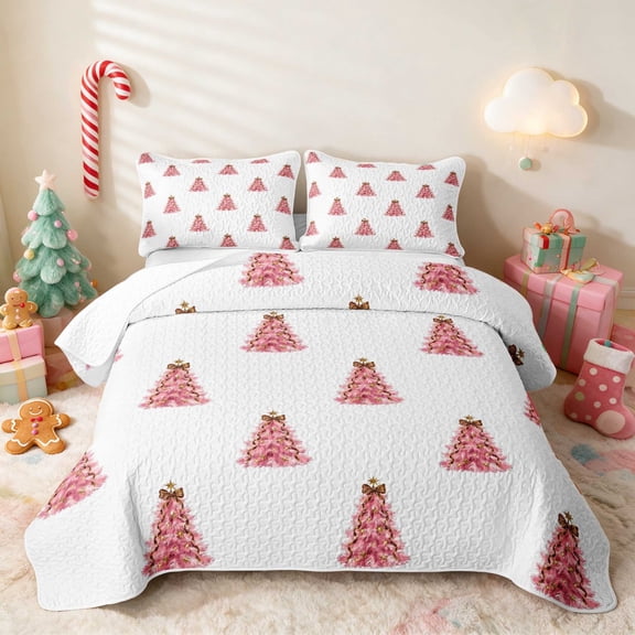 Erosebridal Christmas Tree Twin Quilt Set Holiday Twin Coverlet Set, Black Green 2pcs 1 Bedspread and 1 Pillowcase