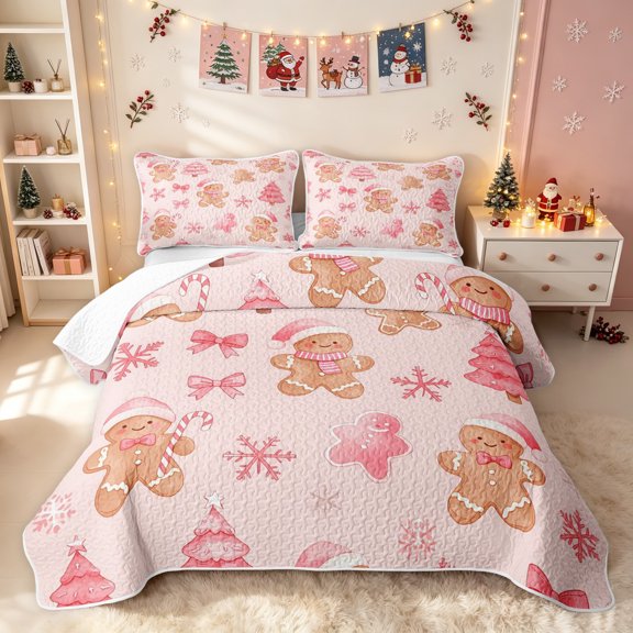 Erosebridal Christmas Tree Twin Quilt Set, Winter Xmas Gingerbread Twin Coverlet Set, Pink, 2pcs, 1 Bedspread and 1 Pillowcase