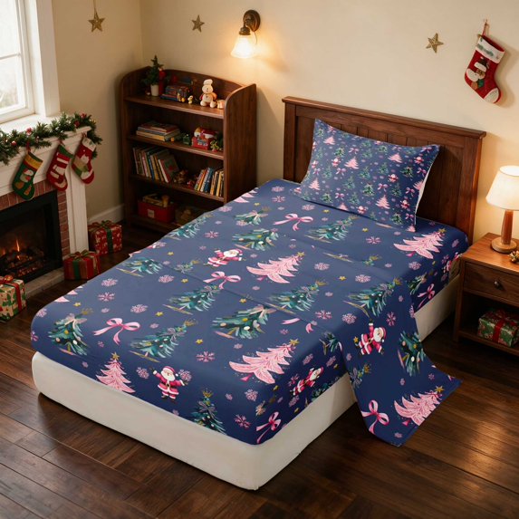Manfei Christmas Tree Twin Sheets St Nick Bedding, Black Green 3 Pieces (1 Flat Sheet, 1 Fitted Sheet and 1 Pillowcase)