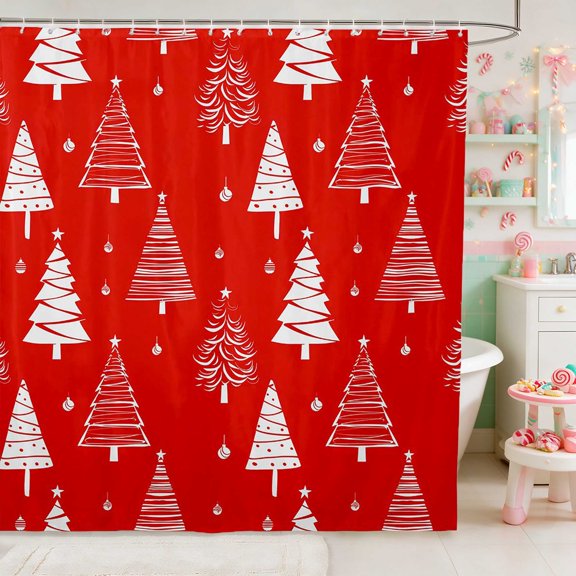 Manfei Christmas Tree Waterproof Shower Curtain 72Wx72L Green Bathroom Curtain, Slate Red