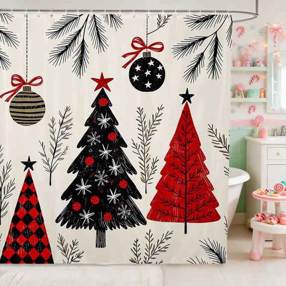 Manfei Christmas Tree Waterproof Shower Curtain 72Wx72L Green Bathroom Curtain, Slate Red