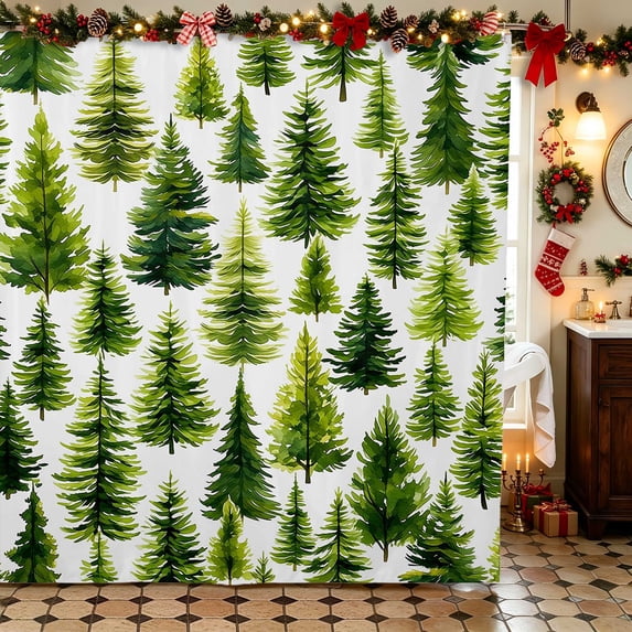 Manfei Christmas Tree Waterproof Shower Curtain 72Wx72L Pine Bathroom Curtain, Navy Silver