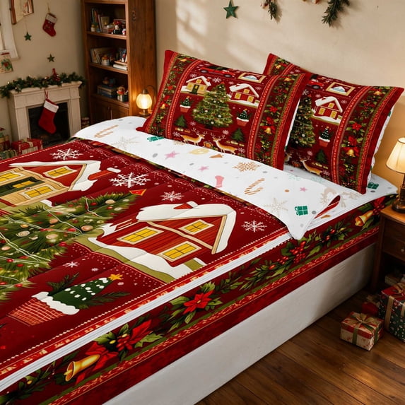 Manfei Christmas Tree Zipper Full Size Comforter Sets with Fitted Sheet and 2 Pillowcases Holiday Zipper Bedding Set, Pink Red, Xmas Reversible