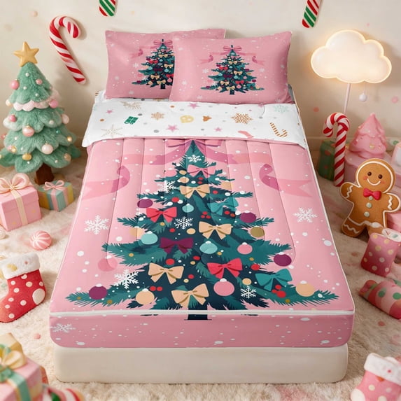 Manfei Christmas Tree Zipper Twin Comforter Sets with Fitted Sheet and 2 Pillowcases Green Zipper Bedding Set, Green White, Xmas Reversible