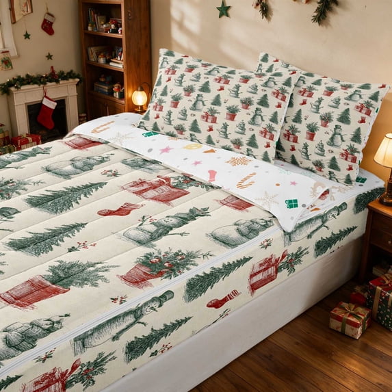 Manfei Christmas Tree Zipper Twin Comforter Sets with Fitted Sheet and 2 Pillowcases Green Zipper Bedding Set, Olive Cream, Xmas Reversible