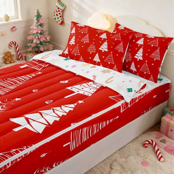 Manfei Christmas Tree Zipper Twin Comforter Sets with Fitted Sheet and 2 Pillowcases Green Zipper Bedding Set, Slate Red, Xmas Reversible