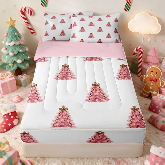 Erosebridal Christmas Tree Zipper Twin Comforter Sets with Fitted Sheet and 2 Pillowcases Holiday Zipper Bedding Set, Black Green, Pink Reversible