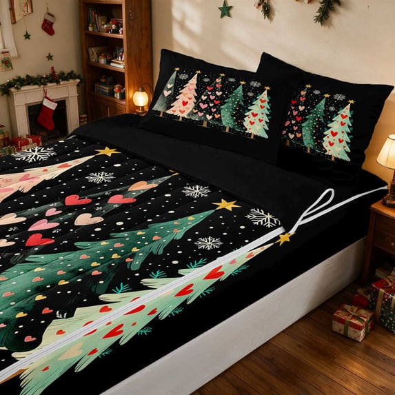Manfei Christmas Tree Zipper Twin Comforter Sets with Fitted Sheet and 2 Pillowcases Holiday Zipper Bedding Set, Cream Green, Black Reversible