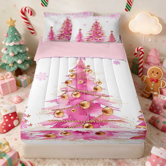 Manfei Christmas Tree Zipper Twin Comforter Sets with Fitted Sheet and 2 Pillowcases Holiday Zipper Bedding Set, Cream Red, Pink Reversible