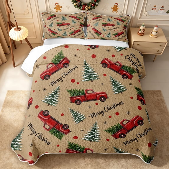 Erosebridal Christmas Truck Bed Spread Queen 3pcs,Merry Holiday Queen Coverlet Set,Brown,1 Quilt and 2 Pillowcases