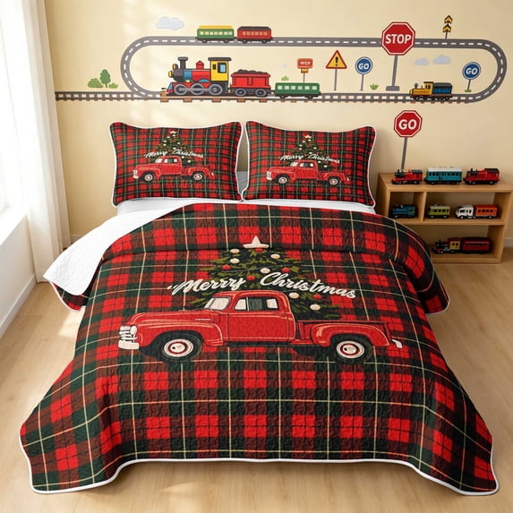 Erosebridal Christmas Truck Bed Spread Queen, Plaid Queen Coverlet Set, Plaid Christmas Truck 3-Piece 1 Quilt and 2 Pillowcases