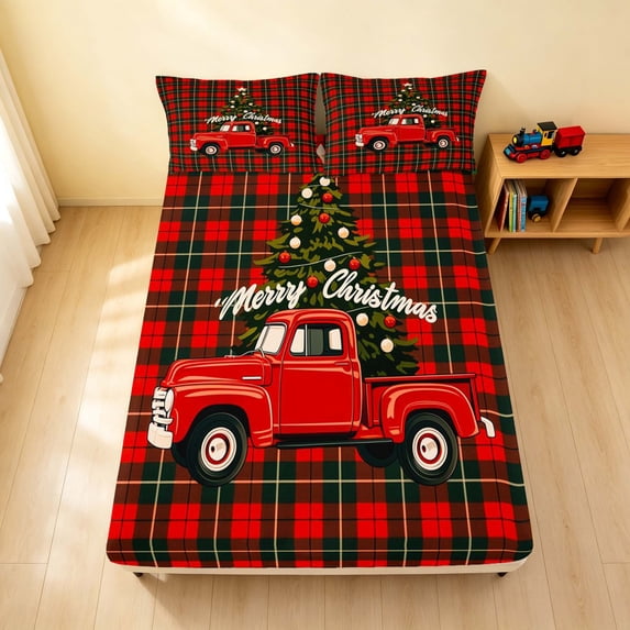 Erosebridal Christmas Truck Fitted Sheet, Plaid Queen Bedding, Plaid Christmas Truck 3-Piece 1 Fitted Sheet and 2 Pillowcases
