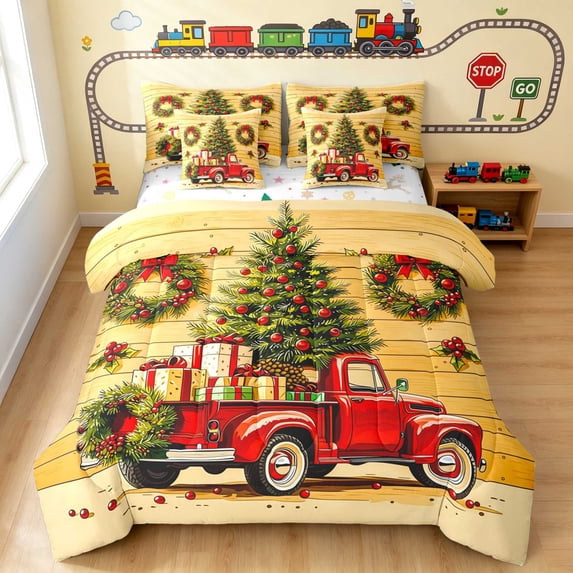 Erosebridal Christmas Truck Full Size Bedding Sets, Christmas Tree Full Size Bed in a Bag, Wood Wreath, Xmas Reversible 7-Piece