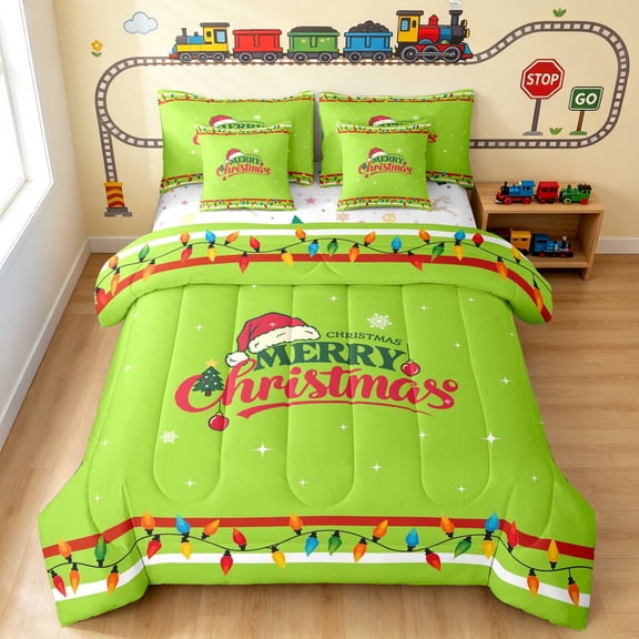 Erosebridal Christmas Truck King Bedding, Christmas Tree King Bed in a Bag, Green Merry Christmas, Xmas Reversible 7-Piece