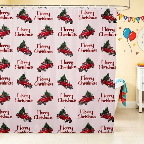 Erosebridal Christmas Truck Shower Curtain 72Wx84L, Christmas Tree Bathroom Shower Curtain, Pink Merry Christmas