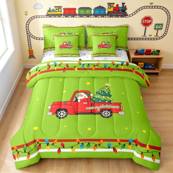 Erosebridal Christmas Truck Twin Bedding, Christmas Tree Bedding Comforter Set, Green Tree, Xmas Reversible 7pcs