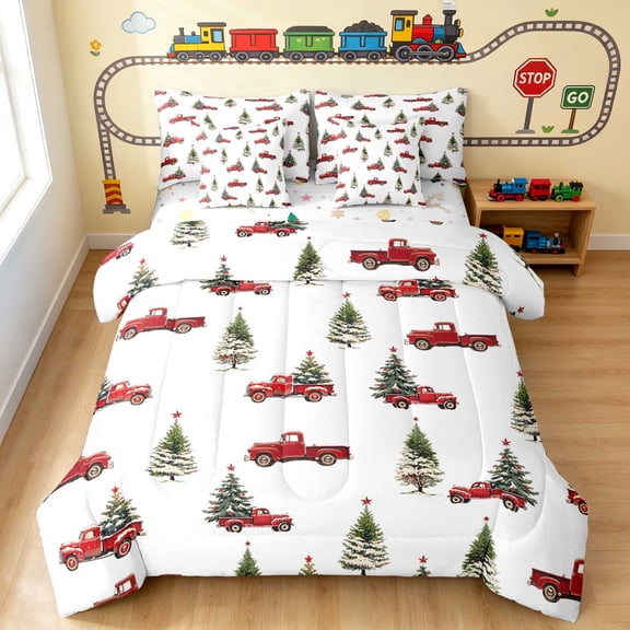 Erosebridal Christmas Truck Twin Bedding, Christmas Tree Bedding Comforter Set, White Christmas, Xmas Reversible 7 Pieces