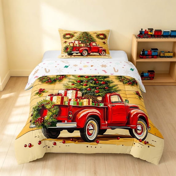 Erosebridal Christmas Truck Twin Comforter Sets, Christmas Tree Bedding Set, Wood Wreath, Xmas Reversible 2pcs 1 Comforter and 1 Pillowcase