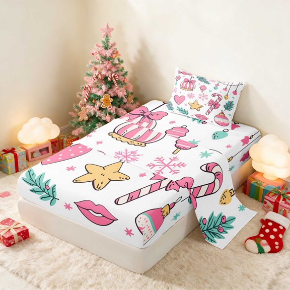 Manfei Christmas Twin Sheets Decoration Bedding 3pcs (1 Flat Sheet, 1 Fitted Sheet and 1 Pillowcase)