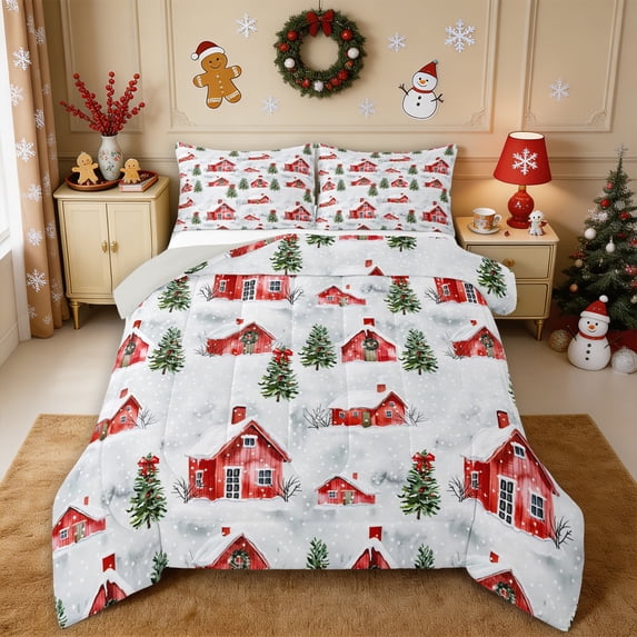 Erosebridal Christmas Village Full Size Comforter Sets 3-Piece,Winter Scene Bedding Comforter Set,White Green Red,Reversible,1 Comforter and 2 Pillowcases