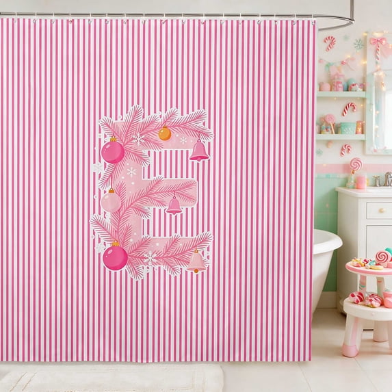 Manfei Christmas Waterproof Shower Curtain 72Wx84L Ornament Bathroom Waterproof Shower Curtain, Pink V