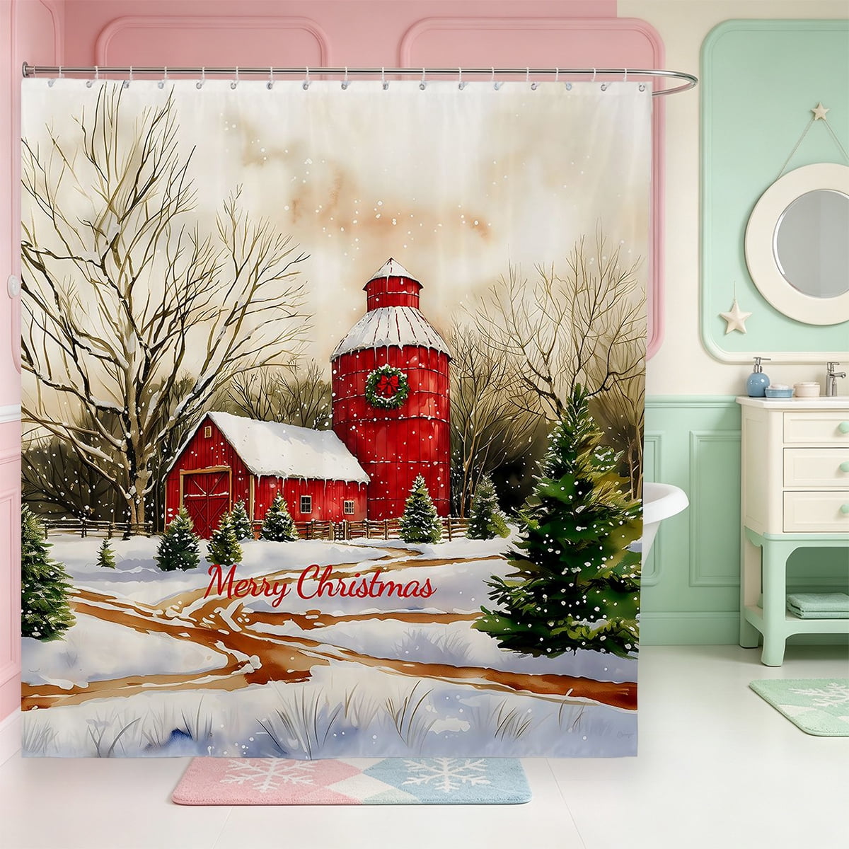 Barn Secene Erosebridal Christmas Whimsical Barn Scene Shower Curtain 72Wx72L ...